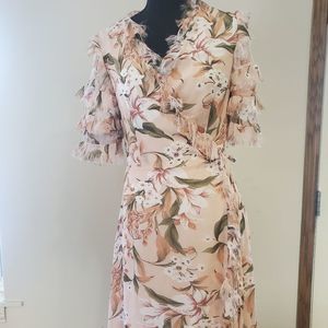Lea & Viola peach floral wrap dress with fringe